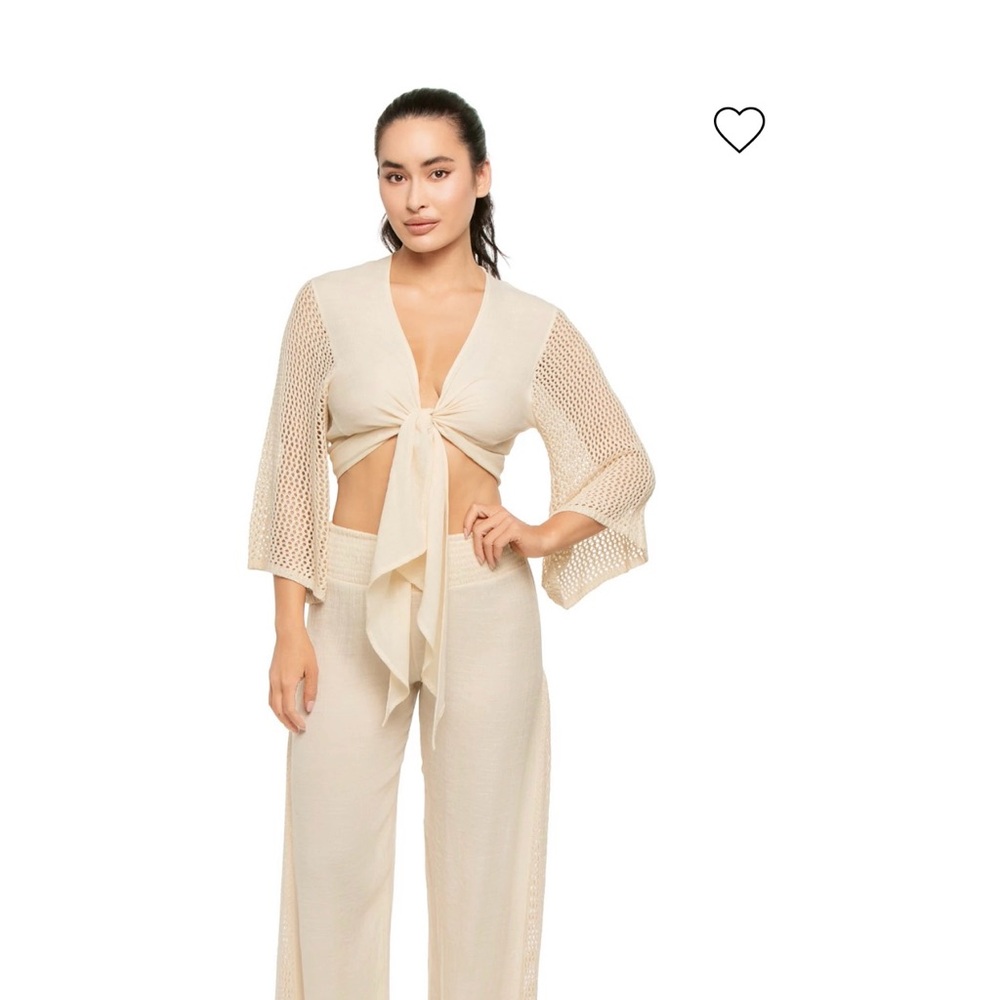 Elan Open Stitch Accent Tie Front Cover-Up Top